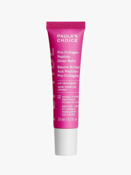 A pink tube of Paula's Choice Pro-Collagen Peptide Gloss Balm with a white cap on a light gray background