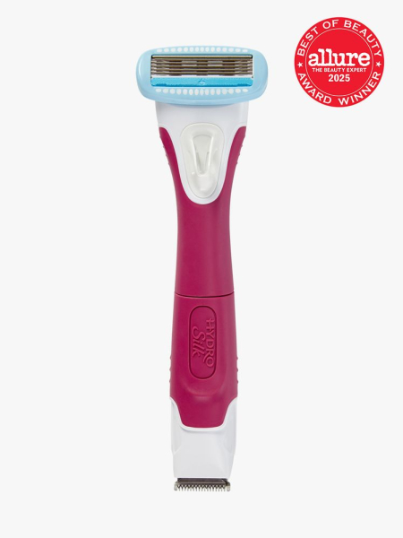 Schick Hydro Silk TrimStyle Razor in pink white and blue color way on light gray background with red Allure Best of Beauty seal in the top right corner